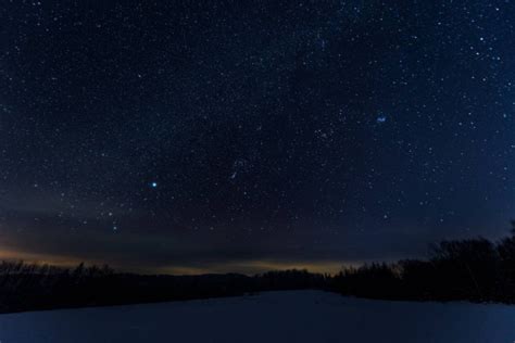 Starry Night Sky Village Covered Snow Carpathian Mountains Stock Photo