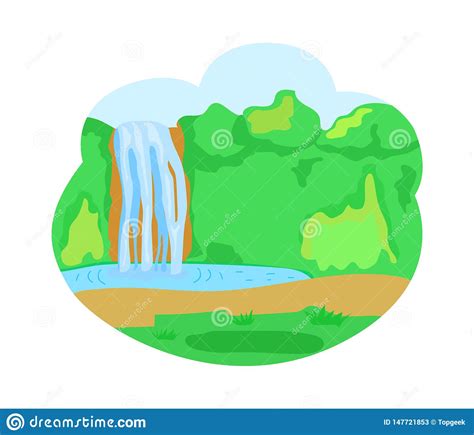 Waterfall Lake Nature With Greenery And Trees Stock Vector