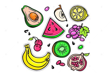 Fruits Vector Illustration Eps Vector Isolated Retro Stickers Set