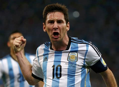 Argentinas Lionel Messi Celebrates Scoring A Goal During The 2014 World Cup Group F Soccer