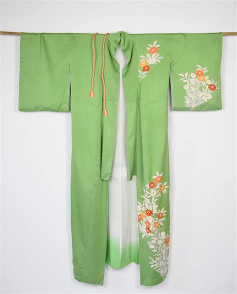 Japanese Vintage Kimono Robe In Green Silk With Obijime Kumihimo Belt Flower Pattern Silk