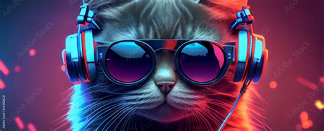 Cool Cat With Headphones Listening To Music On A Purple Neon Bright