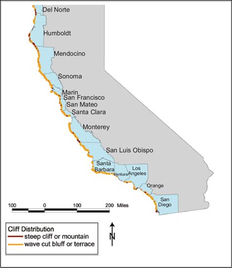 Map Of The Distribution Of Cliffs Along The California Coast And