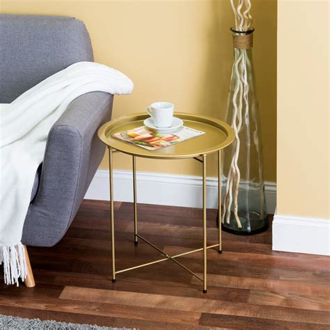 Foldable Round Multi Purpose Side Accent Metal Table Brushed Gold