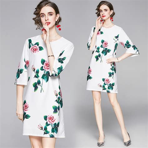 Women Summer Fashion Customize Plus Size 3xs 10xl Casual Retro Vintage Rose Flower Print Knee