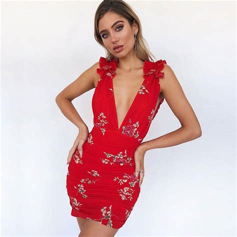 Buy Women Deep V Neck Red Print Floral Dress