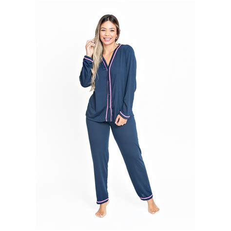 Pijama Feminino Adulto Blogueirinha Longo Com Botao Americano Azul Marinho Submarino