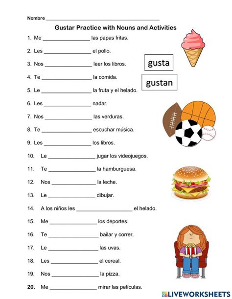 Spanish Gustar Practice With Nouns And Activities Worksheet Spanish