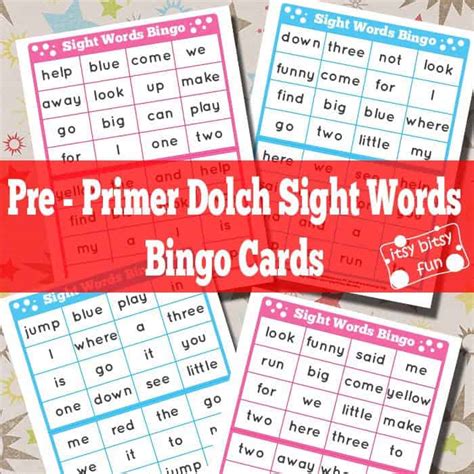 Free Pre Primer Dolch Sight Words Bingo Cards
