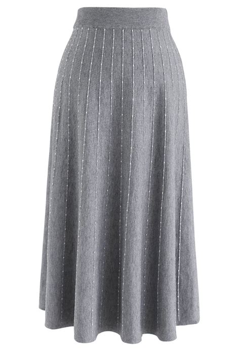 Striped Knit A Line Midi Skirt In Grey Retro Indie And Unique Fashion