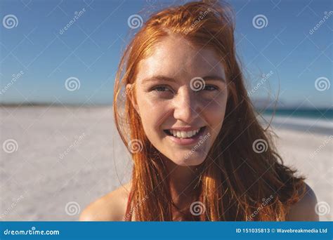 Happy Redhead Woman Standing On The Beach Stock Image Image Of Nature Recreation