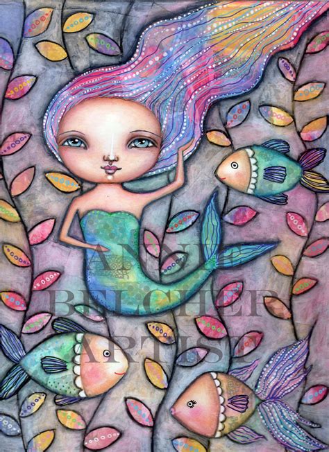 Mixed Media Mermaid Painting Boho Art Fantasy Nursery Decor Fish Ocean