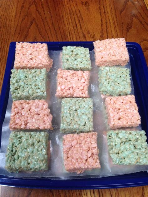 Lay them on and stuff with the filling. Pink and blue Rice Krispie treats as a dish for Baby ...