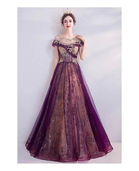 Purple With Gold Embroidery Aline Long Prom Dress With Illusion