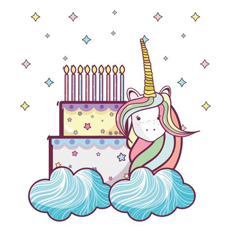 Happy Birthday Card Cute Unicorns Fantasy Cartoons Vector Illustration