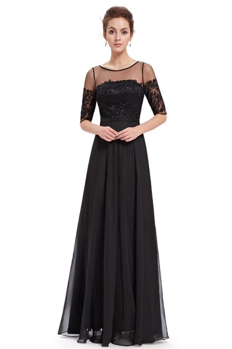 Black Illusion Neckline Half Sleeves Long Chiffon Formal Dress 59 Ep08459bk
