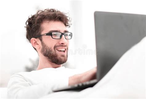 Handsome Man Working On Laptop Lying On Bed Stock Image Image Of Attractive Communication