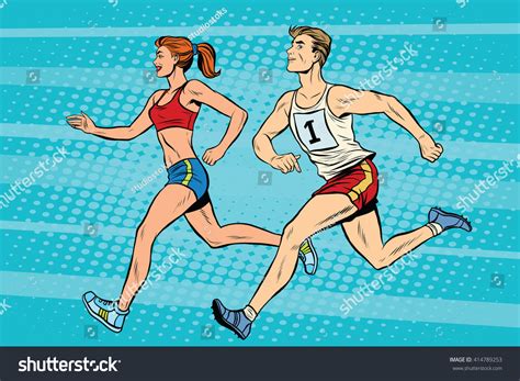 man woman athletes running track field stock vector royalty free 414789253
