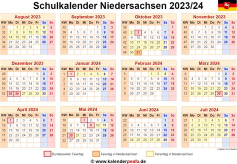 Schulkalender 20232024 Niedersachsen Für Excel
