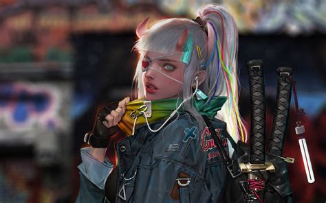 Download Devil Girl Cyberpunk Girl Warrior Art Wallpaper 1440x900