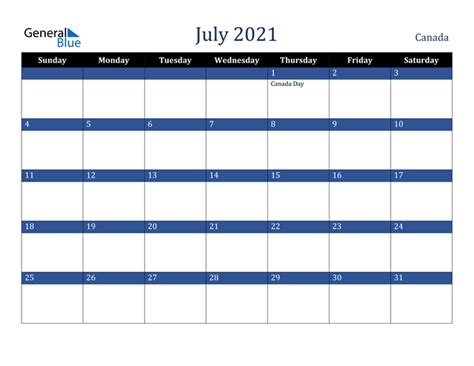 Canada July 2021 Calendar With Holidays