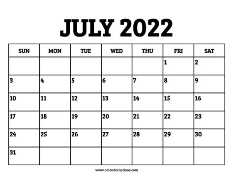July 2022 Calendar Printable Calendar Options