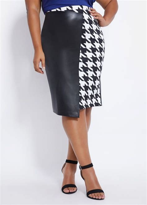 Plus Size Faux Leather And Houndstooth Skirt Houndstooth Skirt Faux