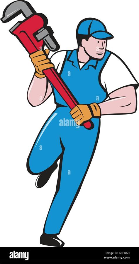 Plumber Running Pipe Wrench Cartoon Stock Vector Image And Art Alamy