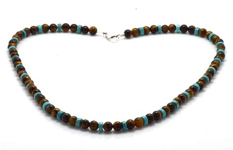 Men S Bead Necklace Tiger S Eye And Turquoise Etsy UK