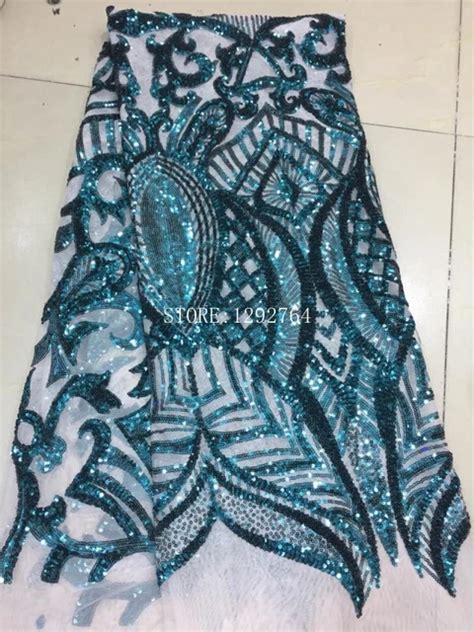 2017 African Sequins Tulle Lace Hot New For Teal Color Guipure African Sequence Cord Lace Fabric