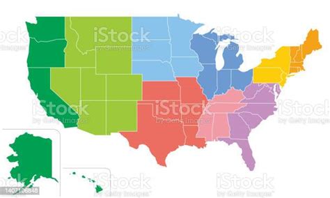 Map Of The United States All 50 States 9 Regions Color Coded Stock
