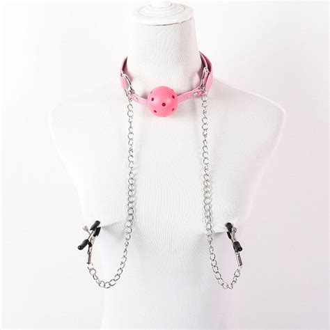 Leather Open Mouth Gag Ball With Nipple Clamps Harness Restraints