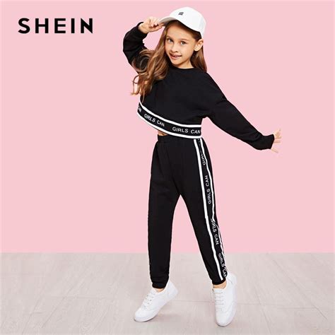 Shein Girls Lettering Trim Casual Pullover And Pants Set Kids Clothing