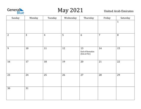 Quickly print a blank yearly 2021 calendar for your fridge, desk, planner or wall using one of our pdfs or images. United Arab Emirates May 2021 Calendar with Holidays