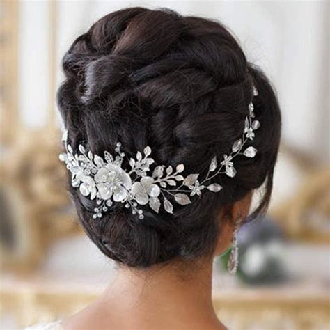 handcess flower bride wedding hair vine silver rhinestone leaves headpieces crystal bridal hair