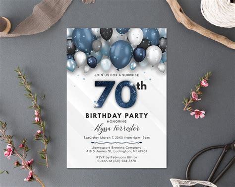 Balloons 70th Birthday Invitation Adult Seventy Birthday Etsy