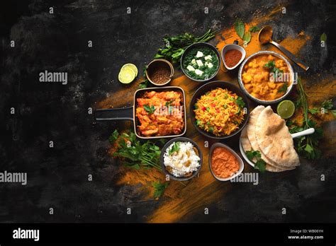 Assorted Indian Food On Black Background Indian Cuisine Top View