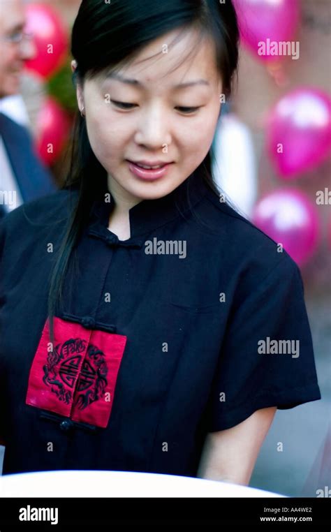 Portrait Young Asian Woman 30s Chinese Serving Food At The Chinese