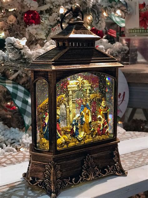 Nativity Scene Antique Bronze Lighted Water Lantern With Swirling Glit