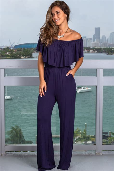 Navy Ruffled Off Shoulder Jumpsuit Jumpsuits Saved By The Dress