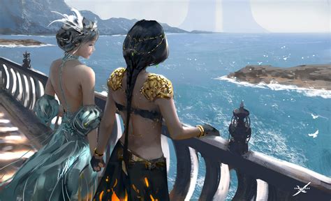 Women Standing At Balcony Looking Sea Digital Art Fantasy Girls Wallpaper Hd Artist Wallpapers