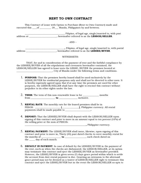 Free Printable Rent To Own Contract