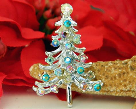 Vintage Christmas Tree Figural Brooch Pin Ab Rhinestones Silver Tone