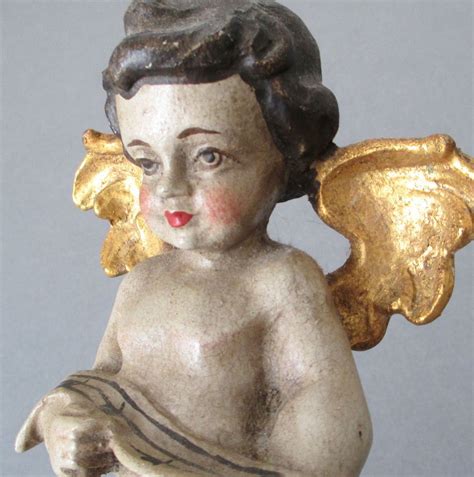 Antique 19thc Hand Carved Polychrome 8 Wood Cherub Angel Figurine Gilt