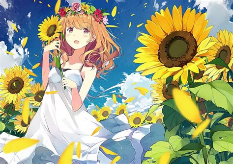 Hd Wallpaper Anime Girl Summer Dress Sunflowers White Dress Wind