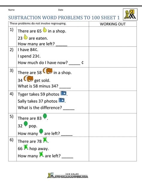 These algebra 1 equations worksheets will produce distance, rate, and time word problems with ten problems per worksheet. Subtraction Word Problems 2nd Grade