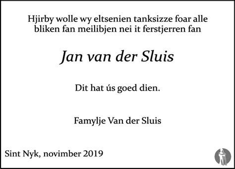 Jan Van Der Sluis 21 10 2019 Overlijdensbericht En Condoleances Mensenlinqnl