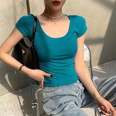 Buy Women Fashion Casual Sexy Summer Shirts Solid Color Short Sleeve Slim Fit Round Neck T