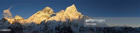 Mt Everest Golden Sunset Panorama Himalayan Mountain Peaks Nepal Stock
