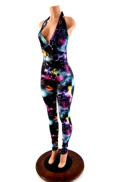 uv glow galaxy print halter catsuit galaxy print dress galaxy outfit galaxy print